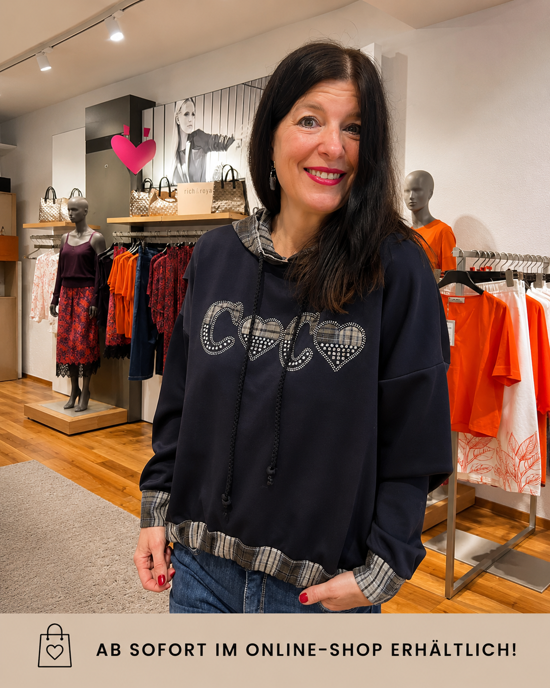 Kapuzen-Sweater mit Karo-Details & Glitzer